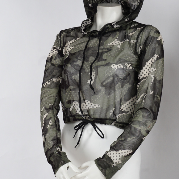 FIt Division Tops - Camouflage mesh hoodie longh crop top